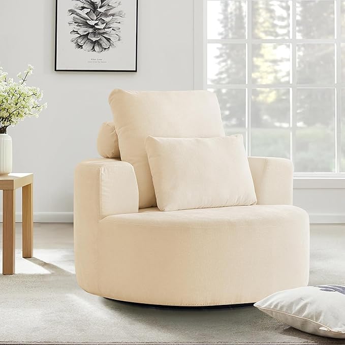 Furnimart 40" Oversized Barrel Accent Chair Set of 2, 360° Swivel Round Upholstered Sofa, Chenille High-Resilience Sponge, No Assembly, Wide Seat for Living Room, Bedroom, Apartment (Beige)
