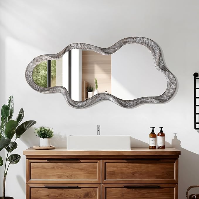 Asymmetrical Mirror Large Irregular Wall Mirror Modern Wood Frame Unique Artistic Mirrors Cute and Stylish Cloud Wavy Mirror Decorative for Cloakroom Bedroom Living Room Bathroom Entryway White
