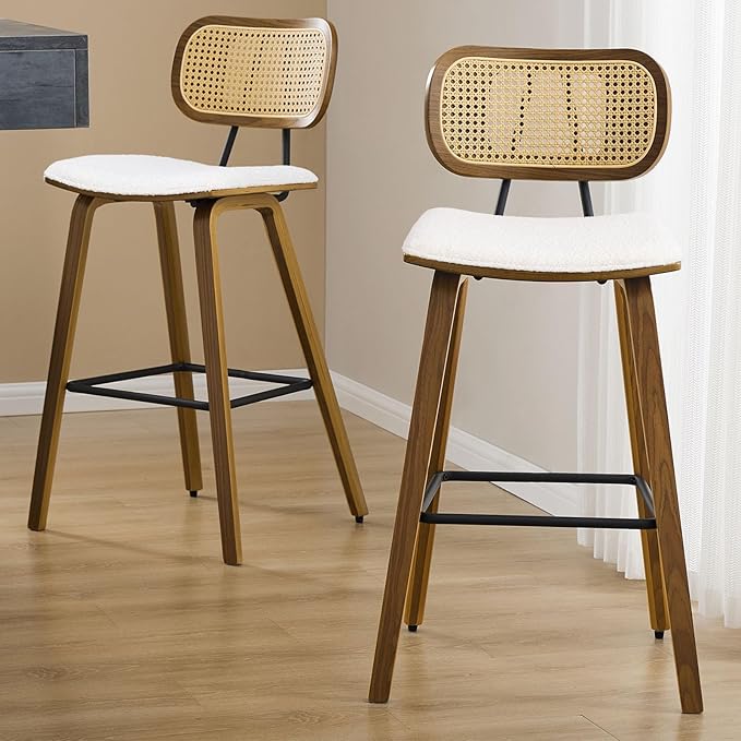 Counter Height Bar Stools Set of 2, Mid Century Modern Counter Stools, 26" Wood Kitchen Stool Boucle Fabric Upholstered Barstool with Rattan Back, Counter Height Island Dining Bar Chair, White