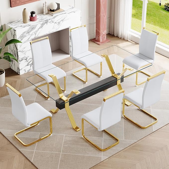 7 Piece Glass Dining Table Set, Kitchen Table Chairs Set for 6, 71'' Dining Table with 0.4" Tempered Glass Tabletop with Plated Metal Legs and MDF Crossbar, 6 PU Chairs for Dining Room, Kitchen.