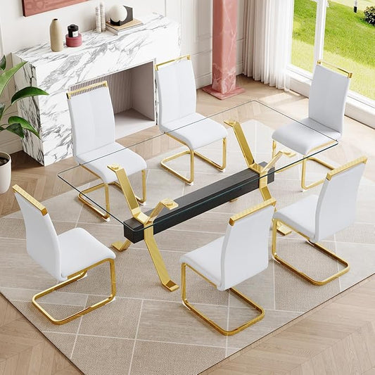 7 Piece Glass Dining Table Set, Kitchen Table Chairs Set for 6, 71'' Dining Table with 0.4" Tempered Glass Tabletop with Plated Metal Legs and MDF Crossbar, 6 PU Chairs for Dining Room, Kitchen.