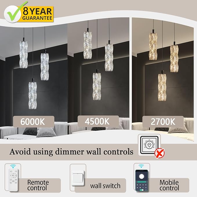 Pendant Lights Kitchen Island 3-Lights Pendant Chandelier for Dining Room Hallway Stairwell,LED Dimmable 2700K-6000K