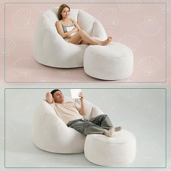 Giant Bean Bag Chaise Lounge Indoor Chair for Adults with Ottoman - Comfy Plush Round Shell Soft Accent Chair, Oversized Cozy Floor Sofa for Living Room, Bedroom & Game Rooms, Beige