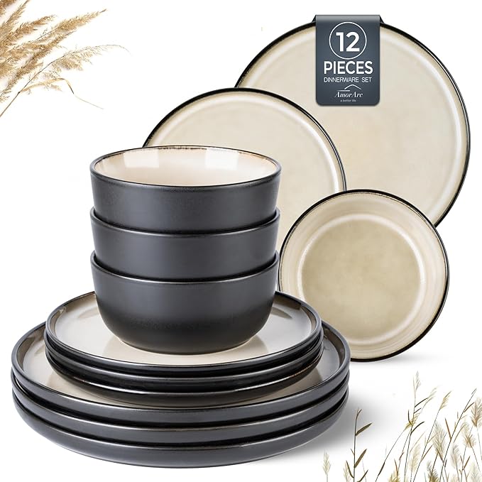 AmorArc Stoneware Dinnerware Sets,Round Reactive Glaze Plates and Bowls Set,Highly Chip and Crack Resistant | Dishwasher & Microwave Safe Dishes Set,Service for 4 (12pc)
