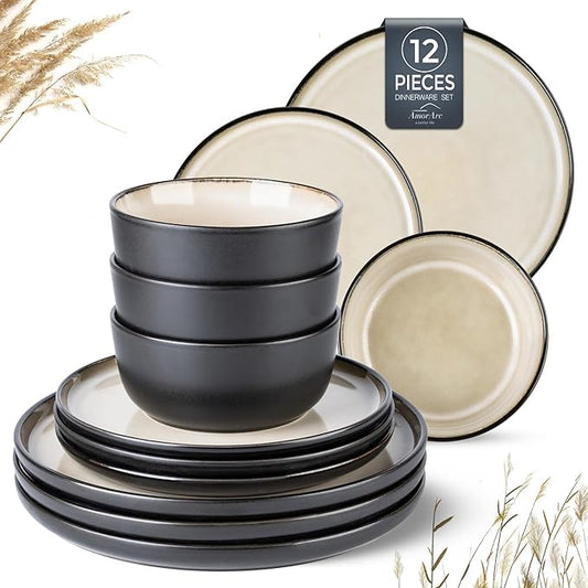 AmorArc Stoneware Dinnerware Sets,Round Reactive Glaze Plates and Bowls Set,Highly Chip and Crack Resistant | Dishwasher & Microwave Safe Dishes Set,Service for 4 (12pc)