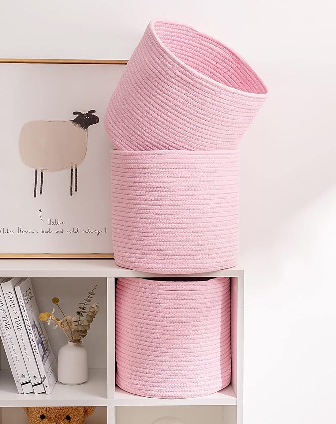 voten Storage Cubes Baskets Bins Organizer 11x11x11'' Fit 12x12''Cube Storage Organizer Bookcases Shelf,Durable Woven Cotton Storage Basket for Organizing,Round 3Pack Pink