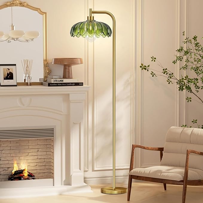 Glass Floor Lamp for Living Room,Bedroom,Gold Mid Century Modern Standing Lamp with Remote Dimmable,Boho Brass Tall Lamp Vintage Retro Green Arc Floor Lamps Flower Floor Light Bohemian