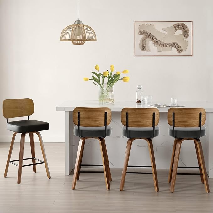 Swivel Counter Height Bar Stools Set of 4, Mid-Century Modern Upholstered Faux Leather Barstools with Wood Back, 26" Seat Height Bar Stools for Kitchen Island, Black Seat and Walnut Frame