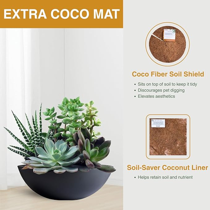 7.7" H x 22" D Round Bowl Fiberstone Planter for Succulent and Lotus, Drainage Hole, Weather Resistant for Indoor and Outdoor Use, Included 2 Extra Coco Mats (Black, 19.9" Pot Opening)