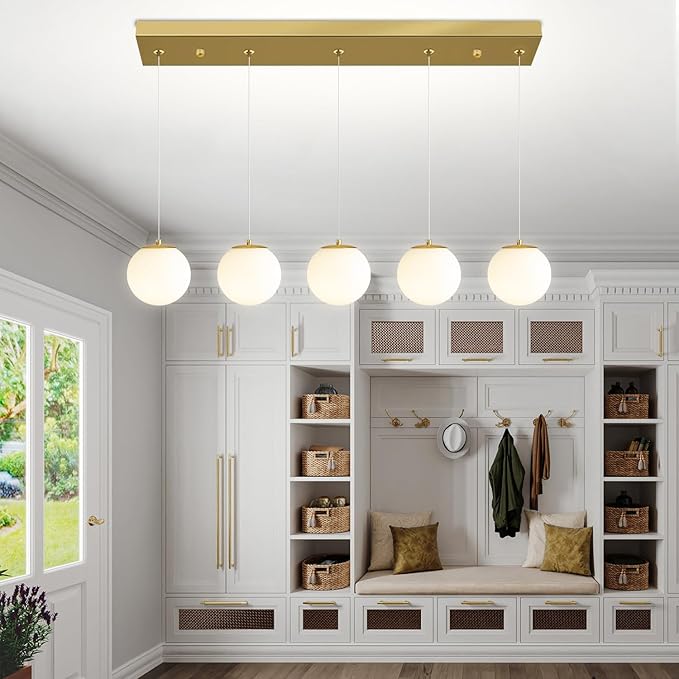 5-Lights Globe Pendant Light for Kitchen Island H 98" Gold Rectangle Chandelier Milk White Glass Pendant Lighting for Living Room Bedroom Entryway