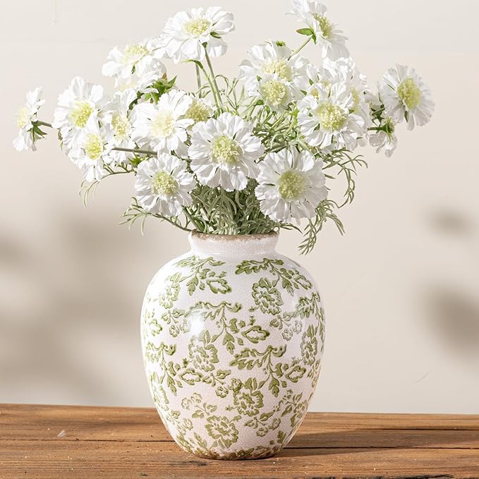 Ceramic Vintage Vase, Green Flower Decorative Vase Chinoiserie Decor Rustic Farmhouse Retro Floral Vases for Table Bookshelf Mantel Kitchen Living Room Office- 7.8inch