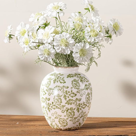 Ceramic Vintage Vase, Green Flower Decorative Vase Chinoiserie Decor Rustic Farmhouse Retro Floral Vases for Table Bookshelf Mantel Kitchen Living Room Office- 7.8inch