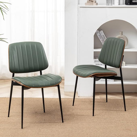 LUNLING Dining Chairs Set of 2 Mid Century Modern Retro Faux Leather Chair with Walnut Bentwood Upholstered Seat Metal Legs Chairs,Adjustable Foot for Kitchen Dining Room Chairs(Green)