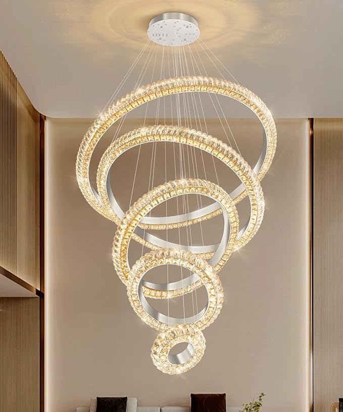 5 Ring Large Crystal Chandelier Modern LED Dimmable High Ceiling Chandelier Ring Contemporary Pendant Light Fixture for Living Room Foyer Staircase Gold D40''