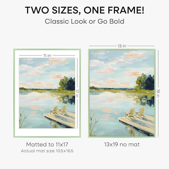 Homeforia 13x19 Picture Frame Sage Green, High End Metal 13x19 Poster Frames with Mat 11x17 inch Photo, 13 x 19 Sage Green Frame Matted to 11 by 17 Art, 19x13 Frame, Tempered Glass, Wall Kit, Set of 1