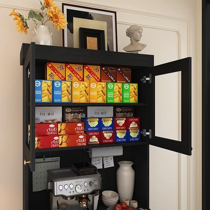 71" Farmhouse Kitchen Pantry Cabinet, Black Freestanding Coffee Bar with Glass Doors, Microwave Stand, Large Storage Hutch with Adjustable Shelves for Kitchen or Living Room