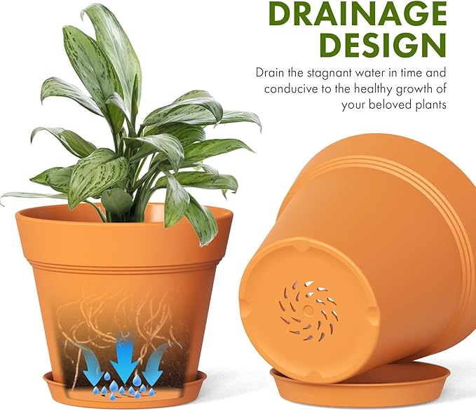6 Inch Thick Plastic Plant Pots with Drainage Holes and Trays – 6 Pack Nursery Pots for Indoor & Outdoor House Plants, Seedling Starter Planters for Garden Flowers, Terracotta