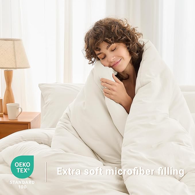 MUXHOMO 5 Pieces Twin XL Comforter Set, Soft Bed in a Bag Twin XL Size, All Season Bedding Set with Comforter, Flat Sheet, Fitted Sheet, Pillowcases & Shams, Ivory