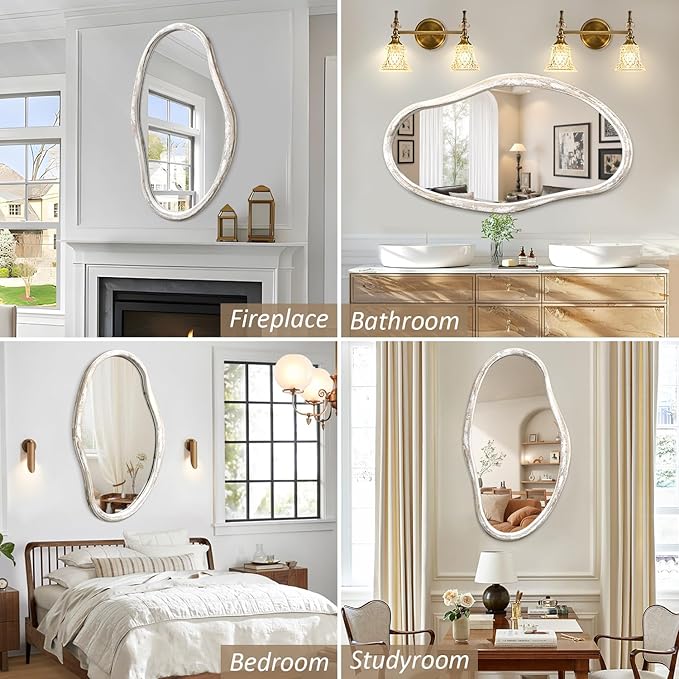 JJUUYOU Asymmetrical Mirror Modern Irregular 36"x24" Wall Mounted Mirror with Wooden Frame for Bathroom Bedroom Living Room Hallway Large Mirrors White