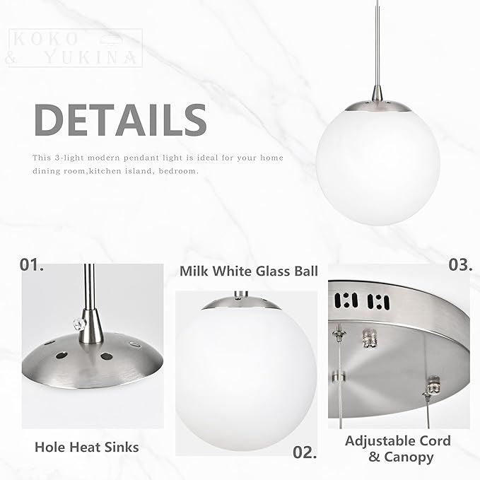 KoKo&Yukina Globe Pendant Light 3 Light Nickel Globe Pendant Lights Kitchen Island Mid Century Light Fixture with Milky White Glass Shade for Dining Room Living Room