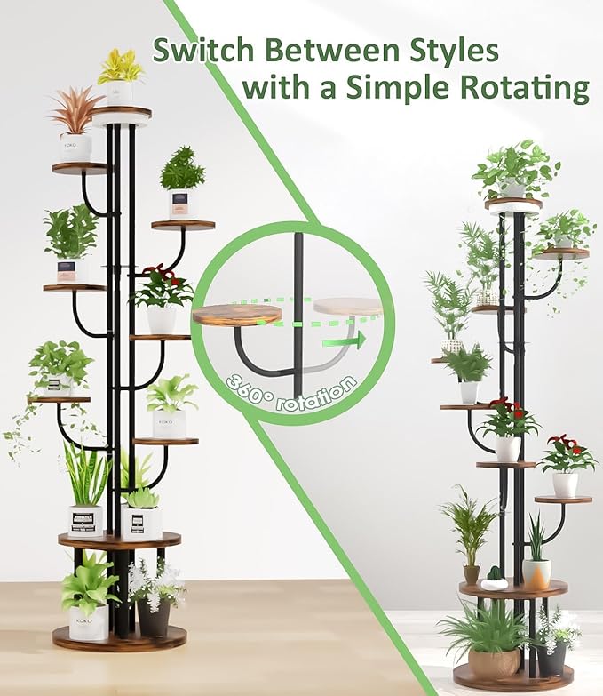 64" Tall Indoor Plant Stand with Grow Light, 9 Tier Metal Rotating Plant Shelf, Adjustable Tree-Shaped Plant Display Rack for Living Room, Bedroom, Office, Balcony