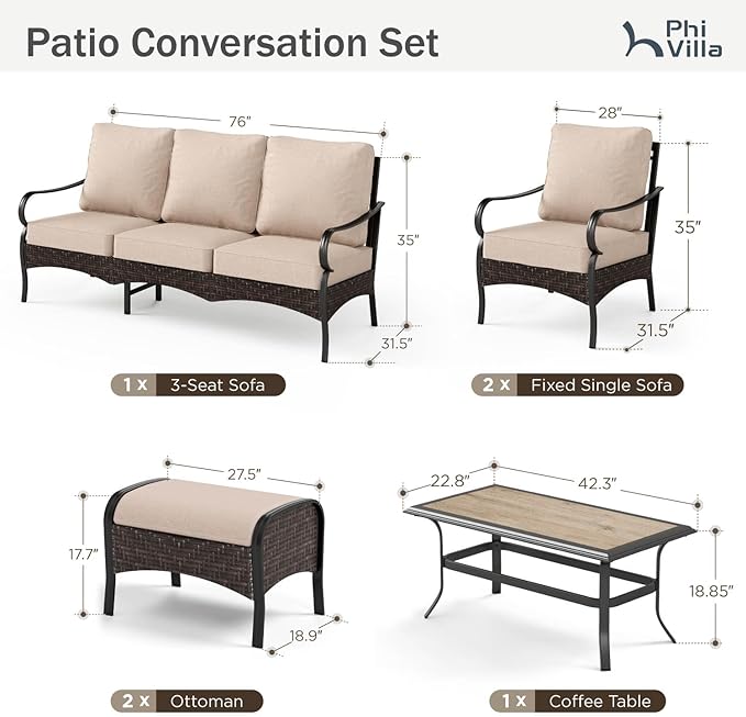 PHI VILLA Outdoor Modern Patio Furniture Set, Upgraded Wicker&Metal Patio Furniture Conversation Set with Waterproof Thick Cushions for Porch, Poolside, Deck, and Yard (6 Pieces,Beige)