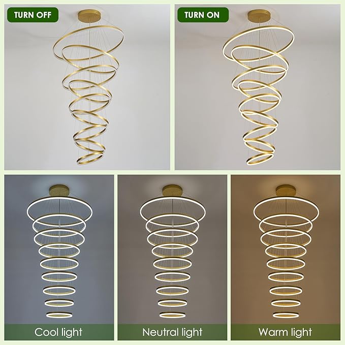 9 Rings Modern LED Chandelier Gold Dimmable Large Foyer Chandeliers Entryway High Ceiling for Staircase, High Ceiling Pendant Lights for Entryway Living Room, 3000K-6500K CCT