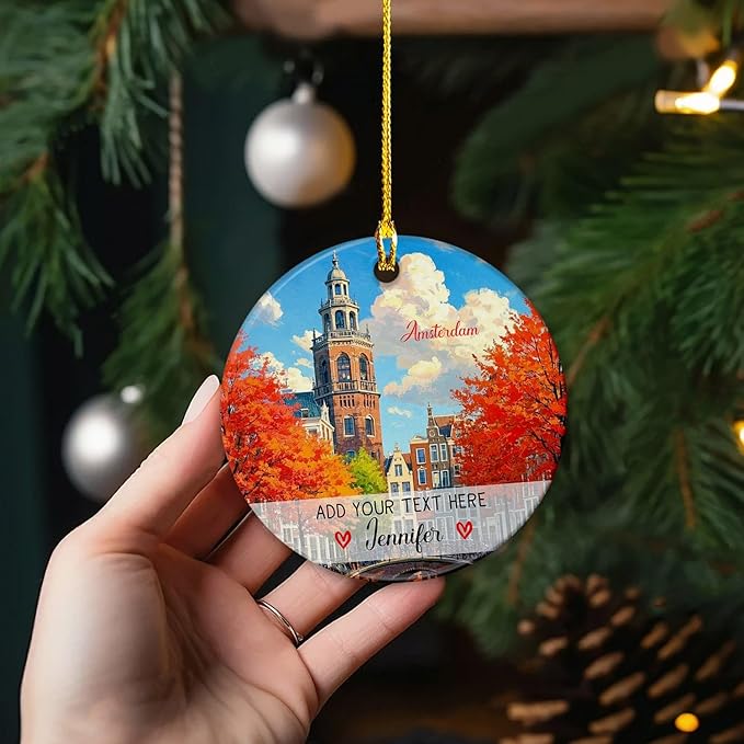 Custom Text/Name Amsterdam Capital Scenery Ceramic Christmas Ornament, Personalized Amsterdam Netherlands Ornament 2025, European Travel Souvenir Collection Xmas Tree Ornaments Gift for Family Friend