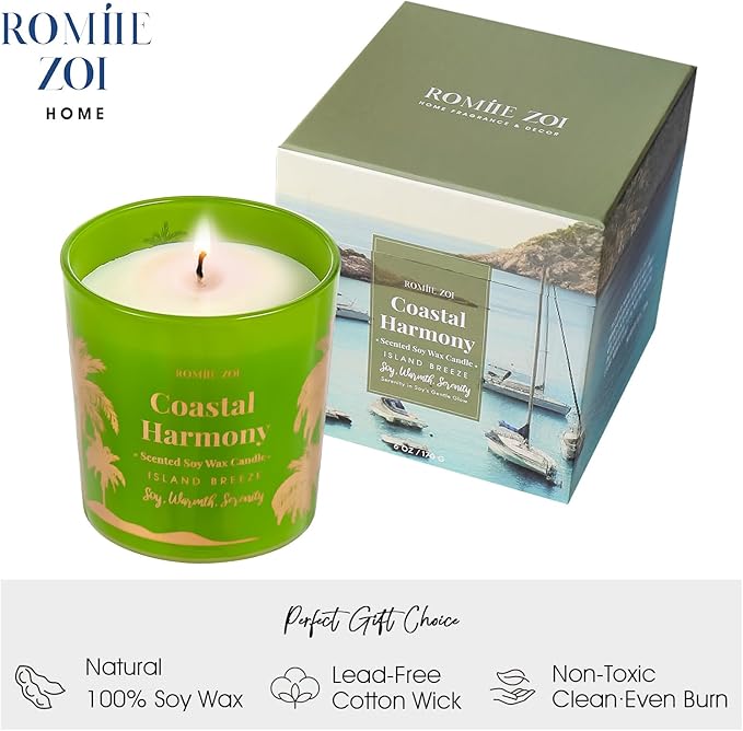 ROMIIE ZOI Island Breeze Scented Candle - Coastal Harmony - 6oz Soy Wax Candle for Home Scented, Stress Relief Candle Gifts for Women/Men