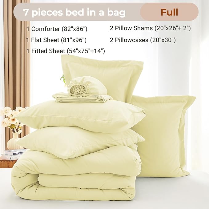 MUXHOMO 7 Pieces Full Comforter Set, Soft Bed in a Bag Full Size, All Season Bedding Set with Comforter, Flat Sheet, Fitted Sheet, Pillowcases & Shams, Cream Yellow