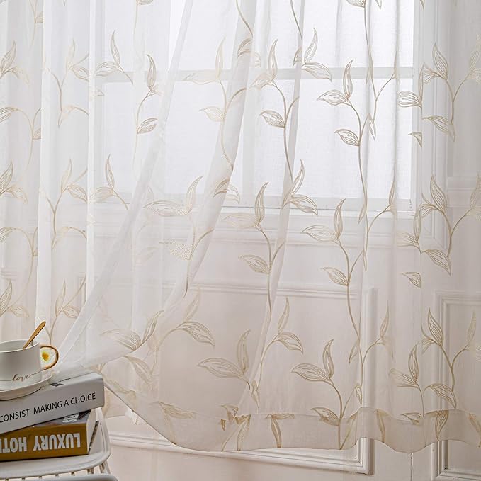 VISIONTEX Sheer Curtains 63 inch Length 2 Panels Set, White Voile Crushed Cream Vine Leaves Embroidery, Rod Pocket Embroidered Window Drapes for Living Room and Bedroom, 54" x 63"