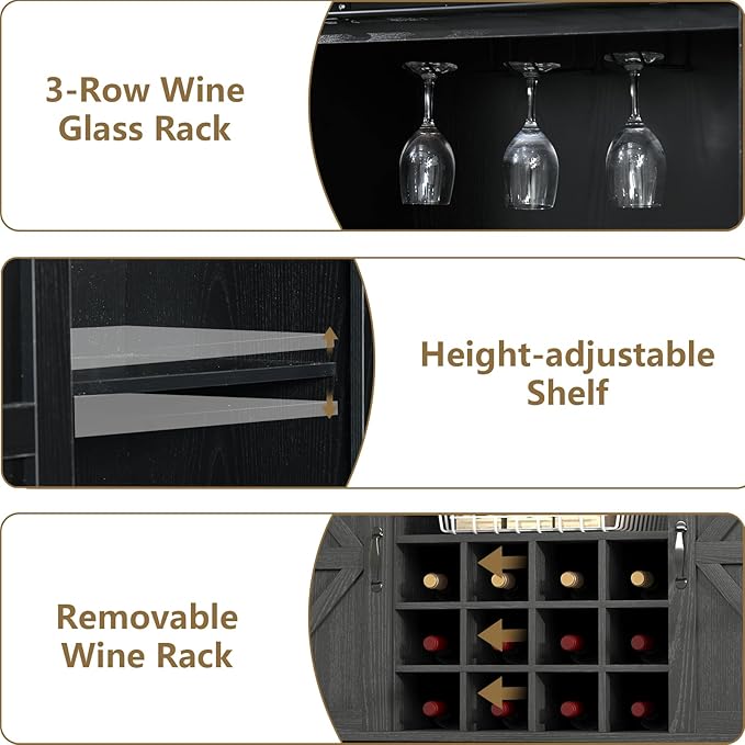55 Inch Farmhouse Coffee Bar Cabinet with 3-Tier Storage, Kitchen Hutch with 12 Wine Racks & 3 Glass Holders, Coffee Bar with 6 Hooks, Wine Bar Cabinet for Dining Living Room, Black