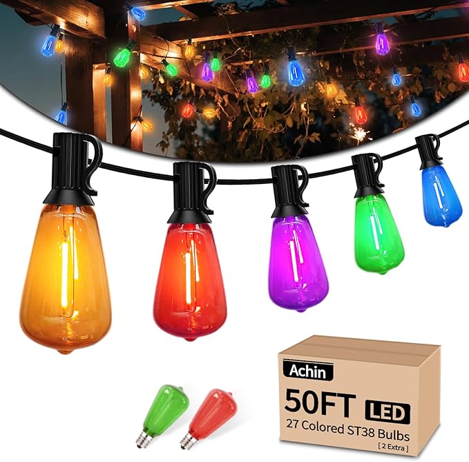 Achin 50FT Outdoor String Lights Multicolor Patio Lights Waterproof with 25+2 LED ST38 Colored Bulbs Shatterproof, Colorful String Lights for Christmas, Party, Holiday