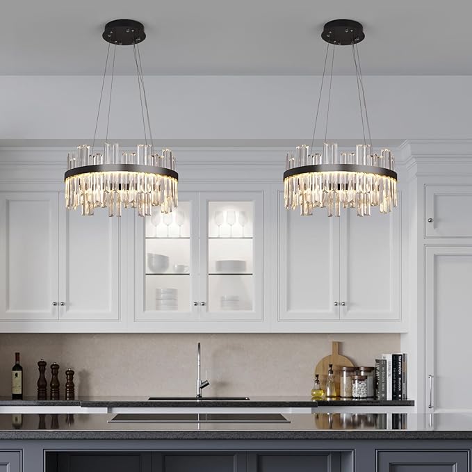 Black Led Modern Crystal Chandelier: 19.7" Round Contemporary 3 Color Dimmable Dining Room Light Fixture over Table - Adjustable Lighting Chandeliers for Bedroom Living Kitchen Island Entryway Foyer