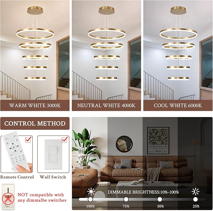 Modern LED Chandelier for Foyer Dimmable Gold High Ceiling Chandeliers Foyer with Remote Control for Entryway Dining Room Living Room Staircase, 3000K-6500K(5-Rings D23.6’’)