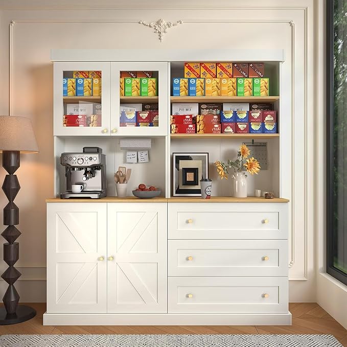 71" White Farmhouse Kitchen Pantry Cabinet Set of 2— Freestanding Coffee Bar with Glass Doors or Drawers, Microwave Stand, Large Storage Hutch with Adjustable Shelves for Kitchen, Living Room