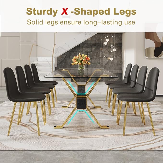 71'' Glass Dining Table Set for 8,9 Piece Dining Table Set with Open‑Frame X‑Shaped Golden Metal Base,Gold Kitchen Table and Chairs Ideal for Dining Room&Home Office