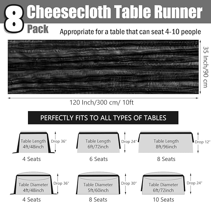 8 Pack 10Ft Black Cheesecloth Table Runner 35x120 Inches Boho Gauze Rustic Cheese Cloth Table Runners, Lightweight Sheer Soft Table Runner for Wedding Bridal Shower Holiday Party Table Decor