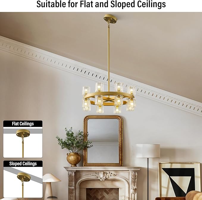Gold Chandelier Light Fixture Kitchen and Dining, 16-Lights Modern Chandeliers for Dining Room, 18" Farmhouse Kitchen Pendant Lights Over Table, Crystal Wagon Wheel Chandelier(Bulbs Included)