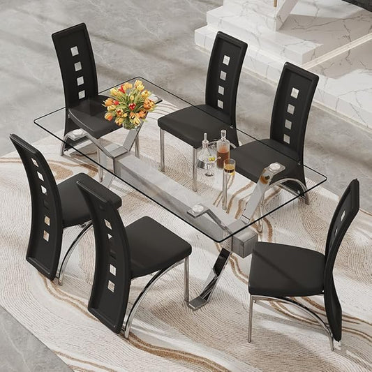 71'' Glass Dining Table Set for 6,7 Piece Dining Table Set with Tempered Glass Tabletop and Open‑Frame X‑Shaped Metal Base,Kitchen Table and Chairs Ideal for Dining Room&Home Office