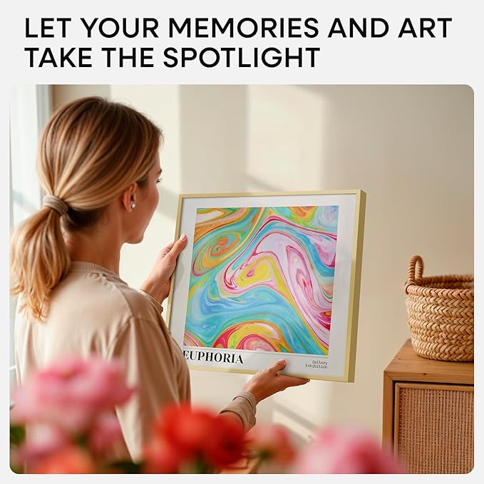 Homeforia 12x12 Picture Frame Gold, High End Metal 12 x 12 Square Poster Frame with Mat 10 x 10 Photo, 12x12 Frame Matted to 10x10 Print, 12by12 Gold Hanging Frames, Tempered Glass, Wall Kit, Set of 2