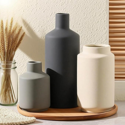 Ceramic Vase Set of 3, Vases Home Decor, Neutral Rustic Modern Farmhouse Decor, Pottery Vases for Pampas Grass Dried Fresh Flowers, Living Room Kitchen Bedroom Bathroom Entryway Mantel Shelf (Beige)