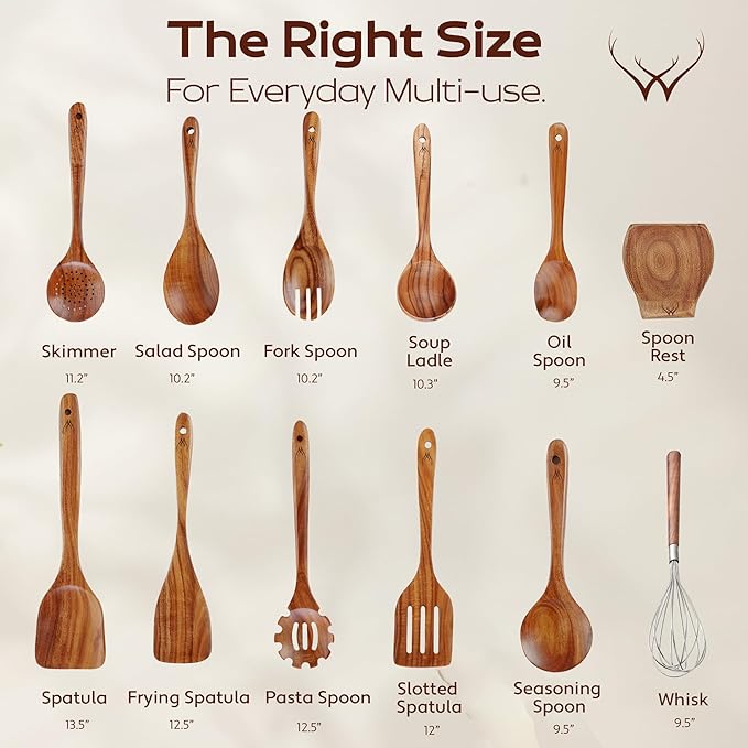 12 Pcs Wooden Cooking Utensils Set – Luxury Wooden Kitchen Utensils with Holder, Versatile Wooden Spoons for Cooking & Durable Teak Wood Utensil Set for Modern Home - Cooking spoons with Spatula