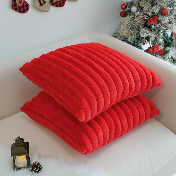 JOJUSIS Pack of 2 Faux Fur Plush Decorative Christmas Red Throw Pillow Covers Couch Cushion Case Soft Pillowcases (Red, 20 x 20-Inch)