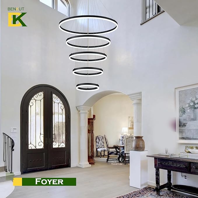 5 Rings D31.5 Modern LED Chandelier Black Large Dimmable Circular High Ceiling Chandeliers with Remote Control for Foyer Dining Room Living Room Staircase Villa, 3000K-6500K CCT