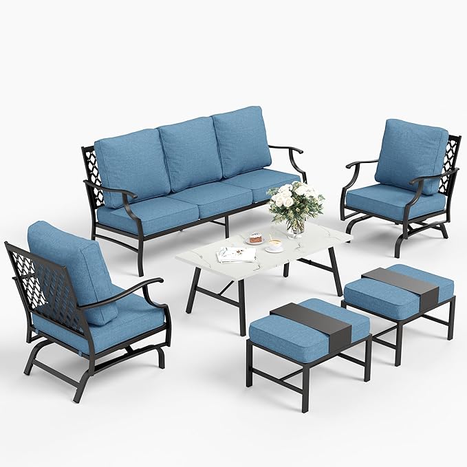6 Piece Metal Outdoor Patio Furniture Set, Patio Conversation Set 1 3-seater Sofa, 2 Rocking Chair, 2 Ottomans with 5.75" Thick Cushion and Coffee Table, Black Backyard Furniture, Navy
