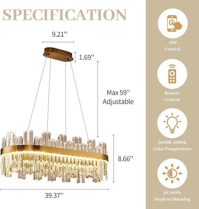 39.3" Dimmable Rectangle LED Crystal Chandeliers,Gold Chandelier Light, 3 Colors Contemporary Pendant Ceiling Light for Dining Room Living Room Kitchen Island Entryway Foyer,with Remote Control