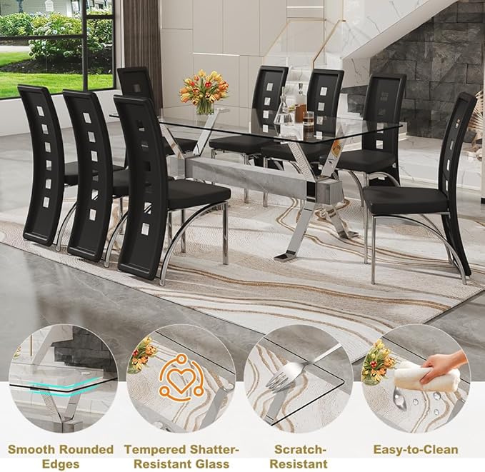 71'' Glass Dining Table Set for 8,9 Piece Dining Table Set with Tempered Glass Tabletop and Open‑Frame X‑Shaped Metal Base,Kitchen Table and Chairs Ideal for Dining Room&Home Office