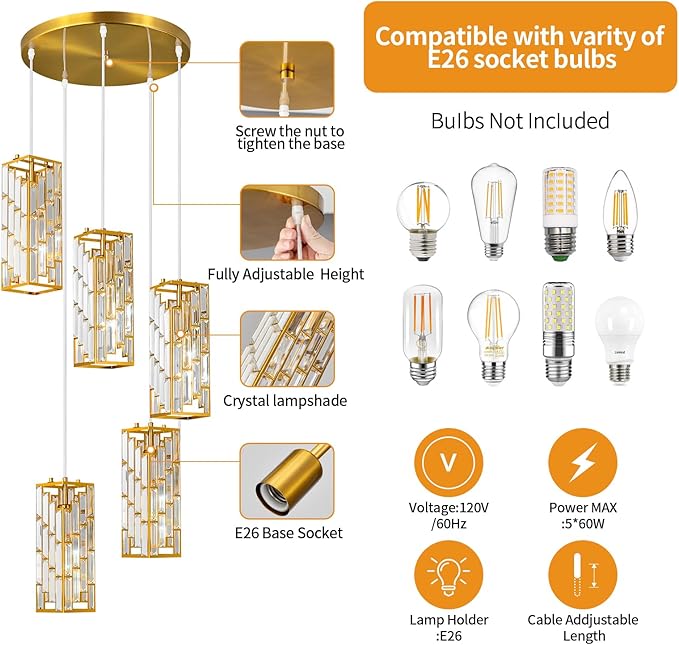 Gold Pendant Lighting Modern Pendant Light, Mini Crystal Chandeliers,Adjustable Pendant Light Fixture for Kitchen Island Dinning Room Bedroom (5 Light)
