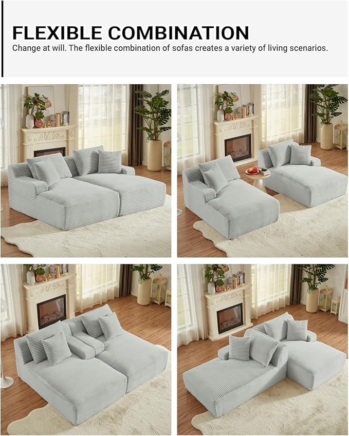Oversized Double Chaise Lounge, Corduroy Boneless Couch, Modern Oversized Chaise Lounge, Upholstered Sleeper Sectional Sofa Daybed with Throw Pillows and Armrest for Living Room, Light Grey